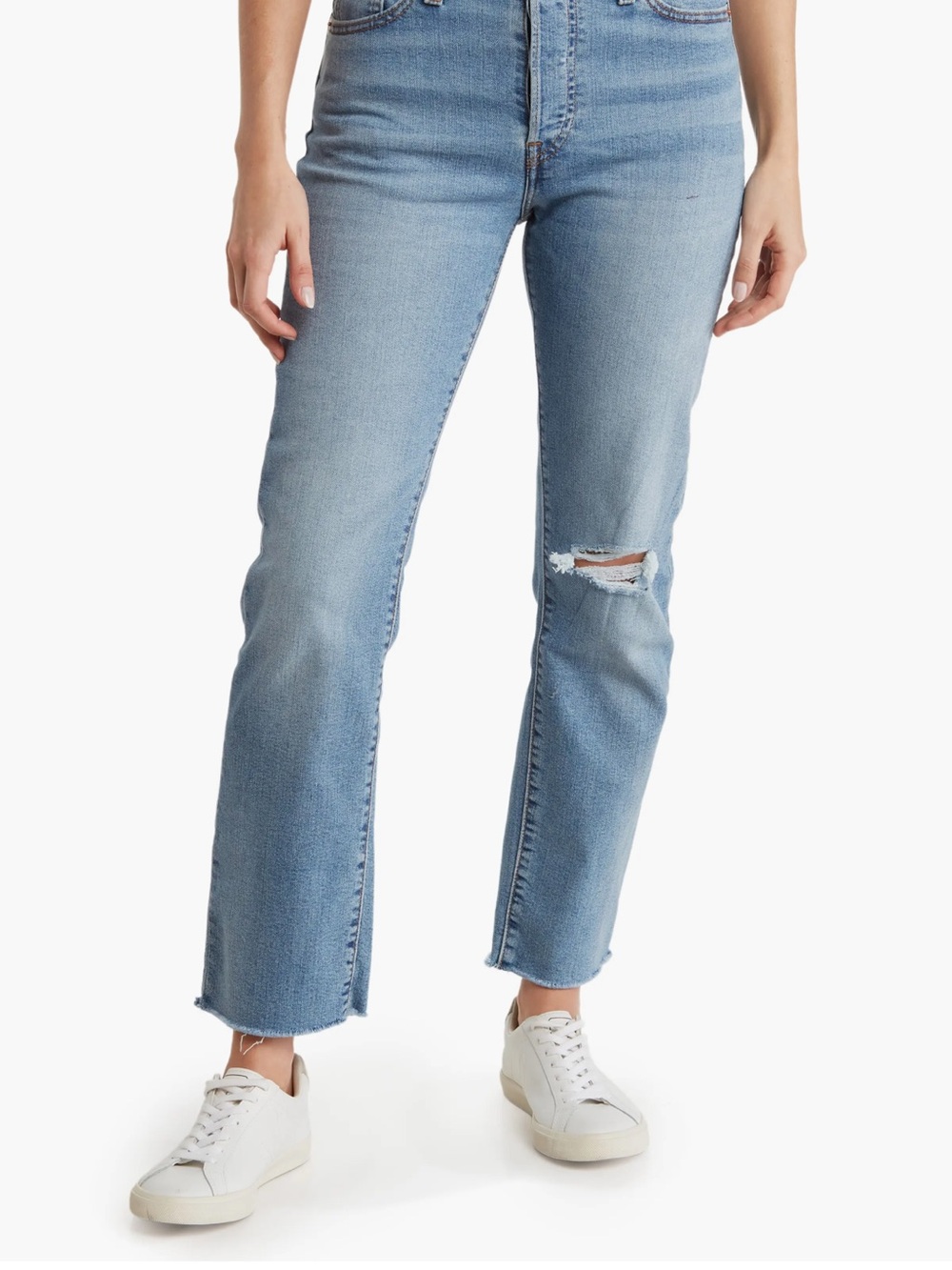 Light Blue High-Rise Straight Jeans with Knee Distress